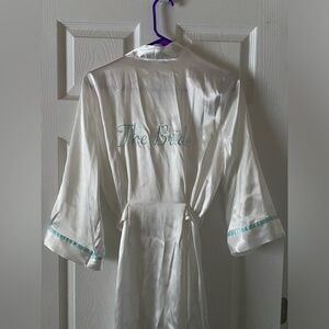 White Satin Bridal Robe with Blue Embroidery + Bride white tank top. Bachelorett